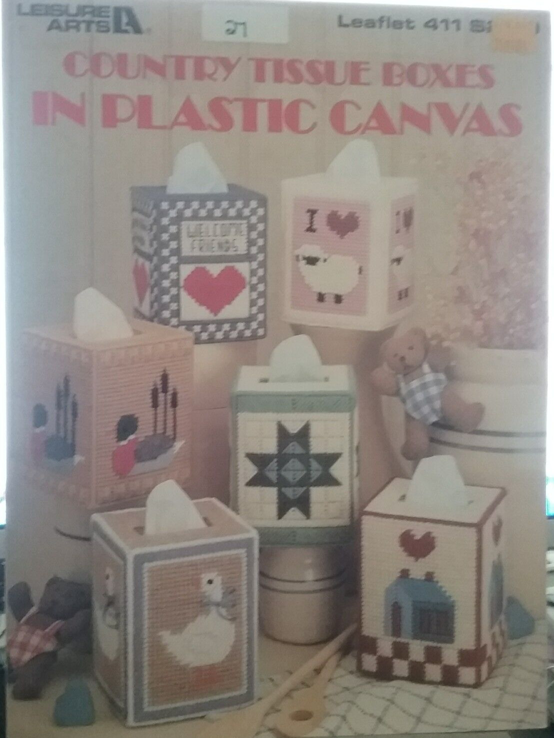 LEISURE ARTS COUNTRY TISSUE BOXES IN PLASTIC CANVAS PATTERN LEAFLET #411 ©1996