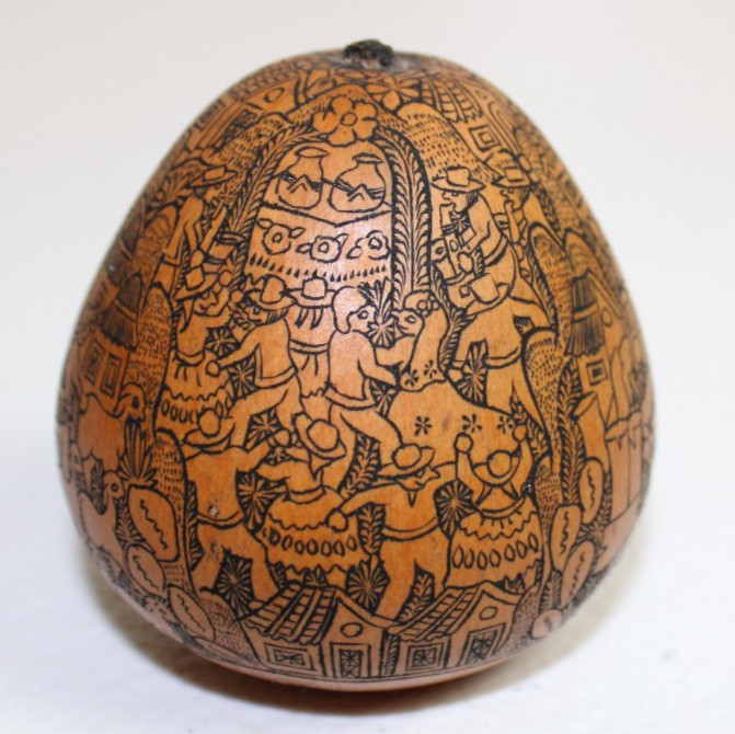 Vtg Peruvian Folk Art Wedding Intricate Hand Carved Pictorial Story Gourd Peru