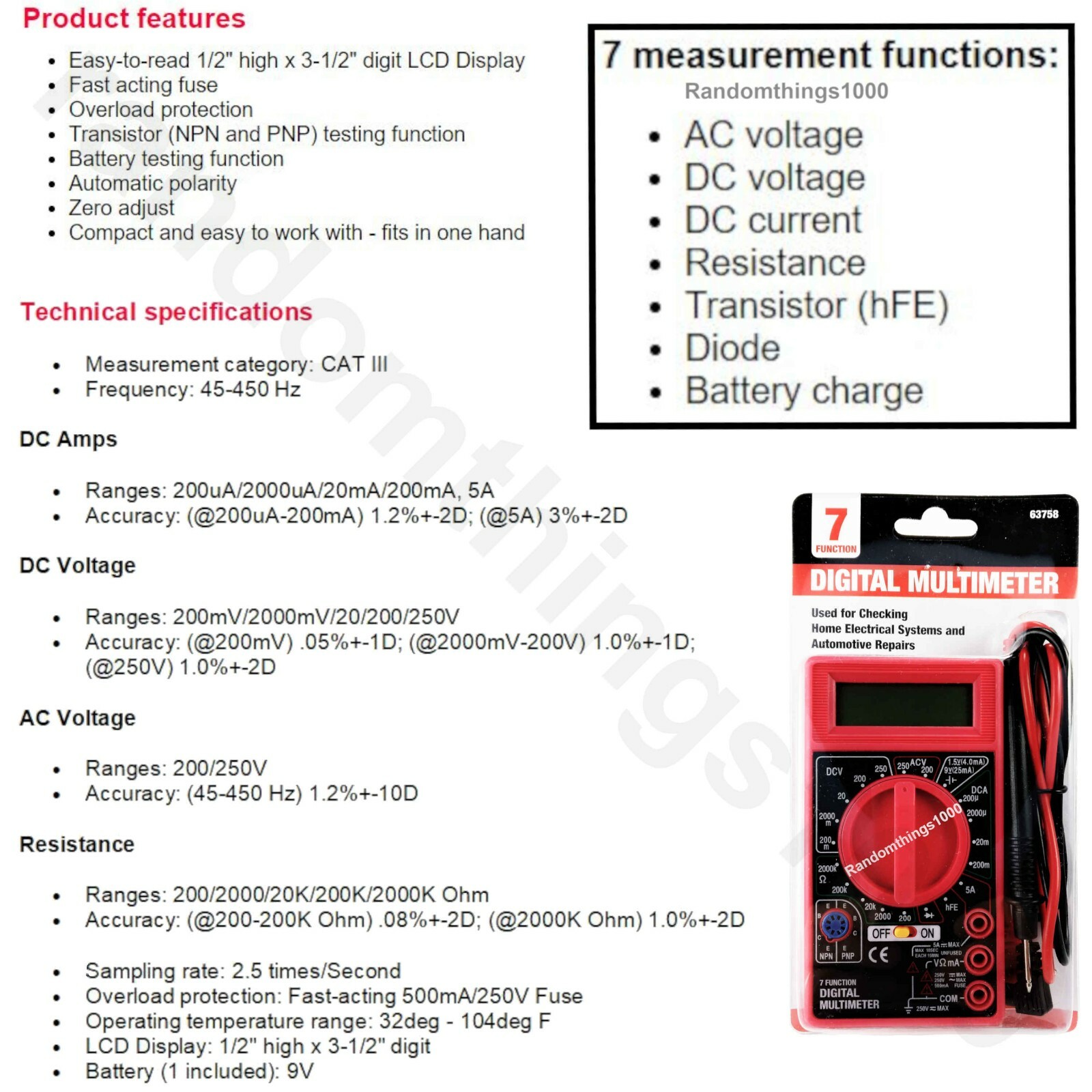 7 function digital multimeter battery tester meter voltmeter voltage tester omh