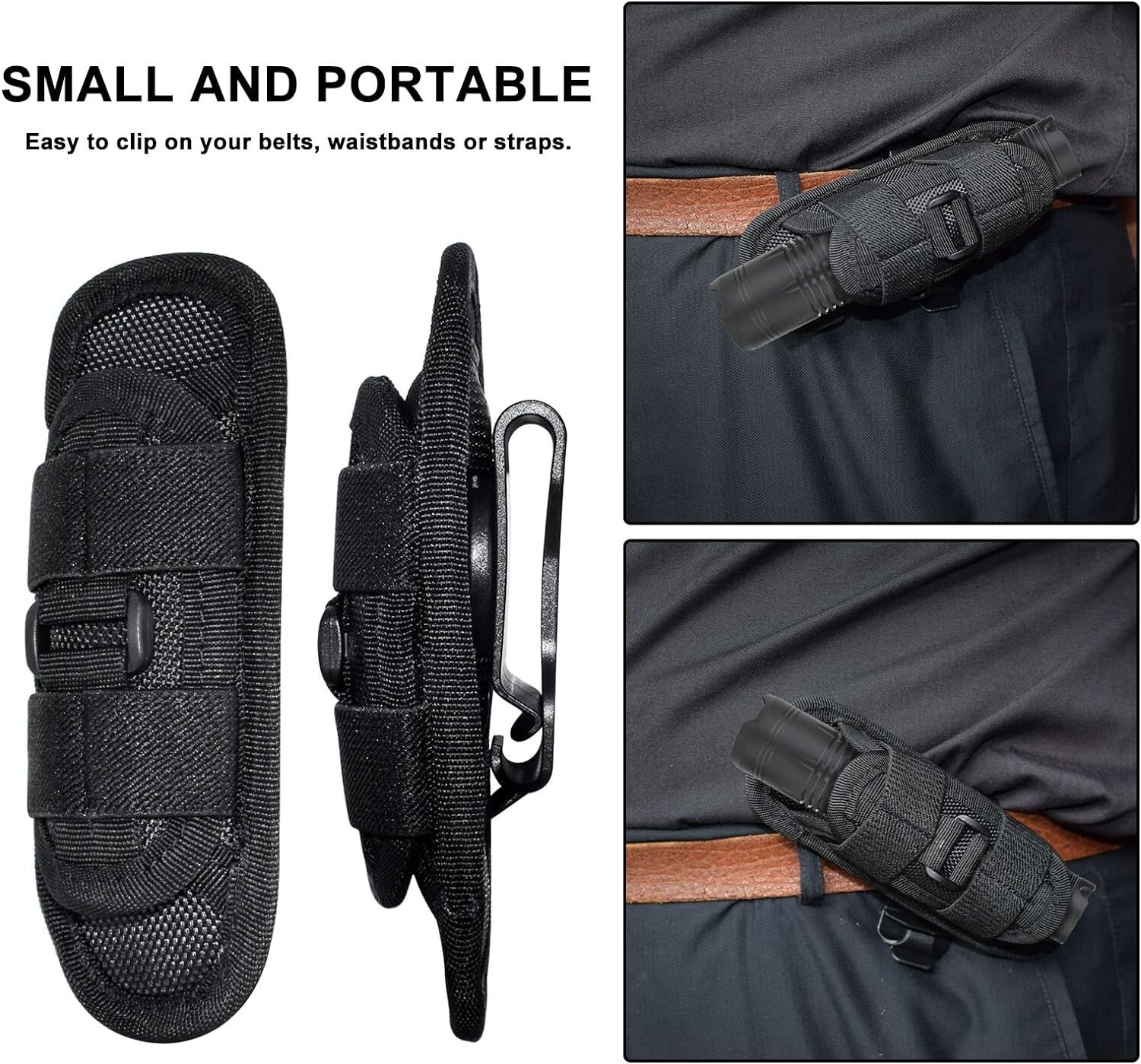 Tactical Flashlight Holster with 360 Degrees Rotatable Clip Stretchy Nylon Pouch