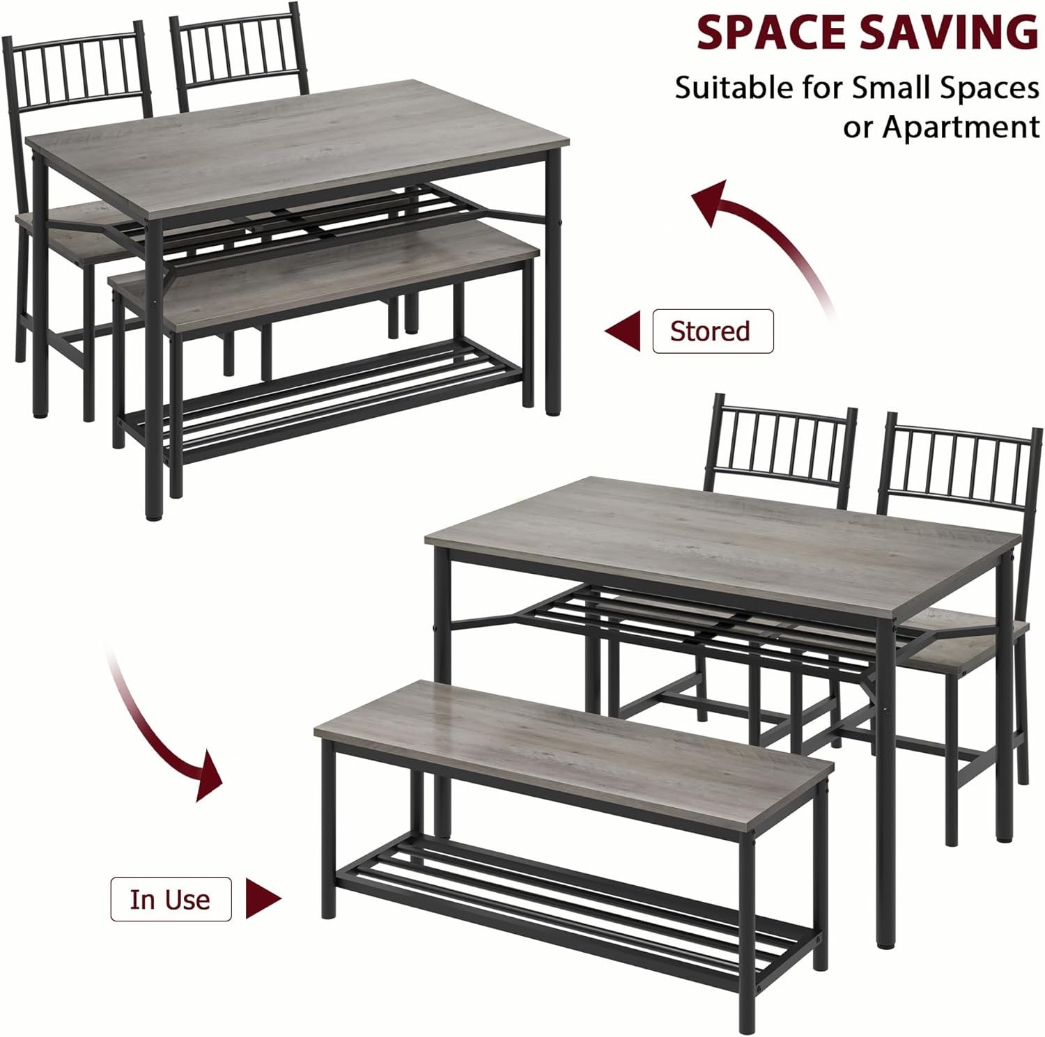 Dining Table Bench & 2 Chairs Set for 4,Rectangular Kitchen Table with Wine Rack