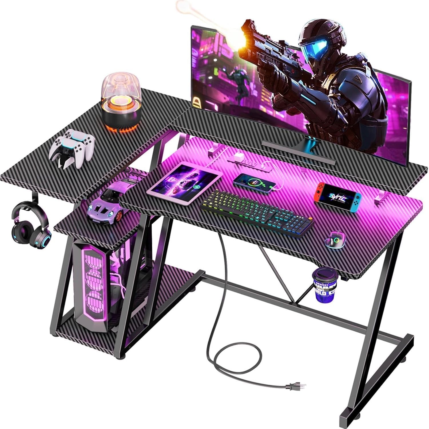 Korfile 40 Inch Gaming Desk with Power Outlet & LED Lights L Shaped Computer