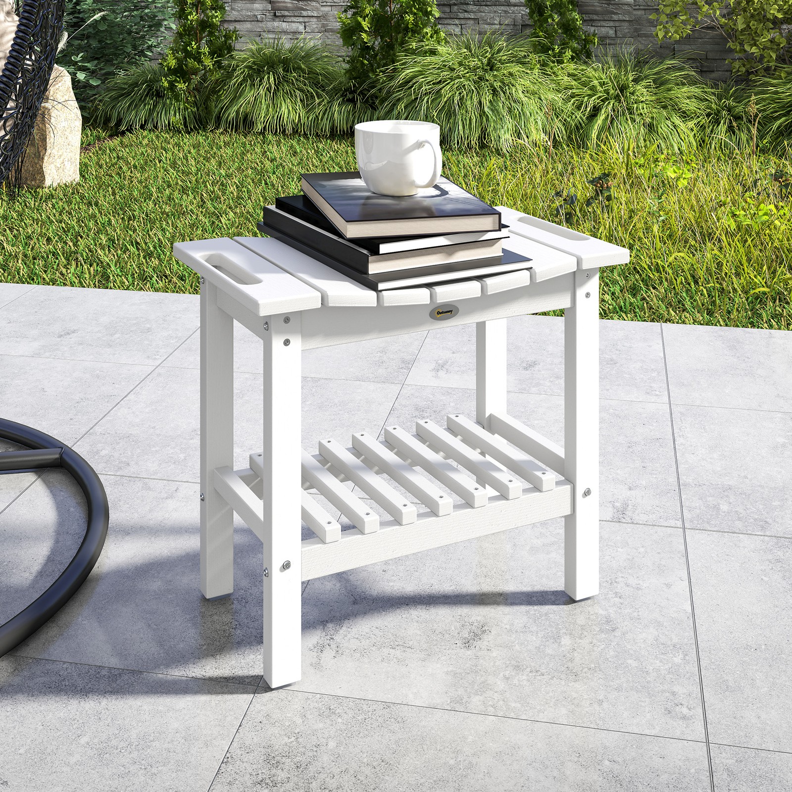 Outsunny 2-Tier Outdoor Side Table, Shower Bench with Handles