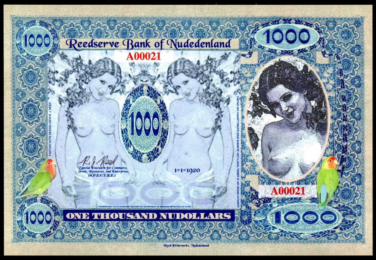 NUDEDENLAND 1000 NUDOLLARS LOVELY NUDE LADIES FANTASY MONEY ART PRIVATE ISSUE!