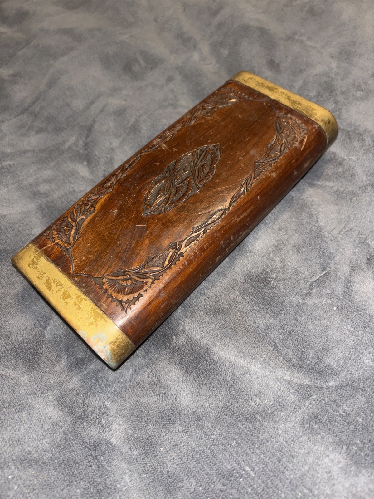 Antique Vintage Kashmir Hand Carved 6 Steak Knife Holder Only Wood and Brass