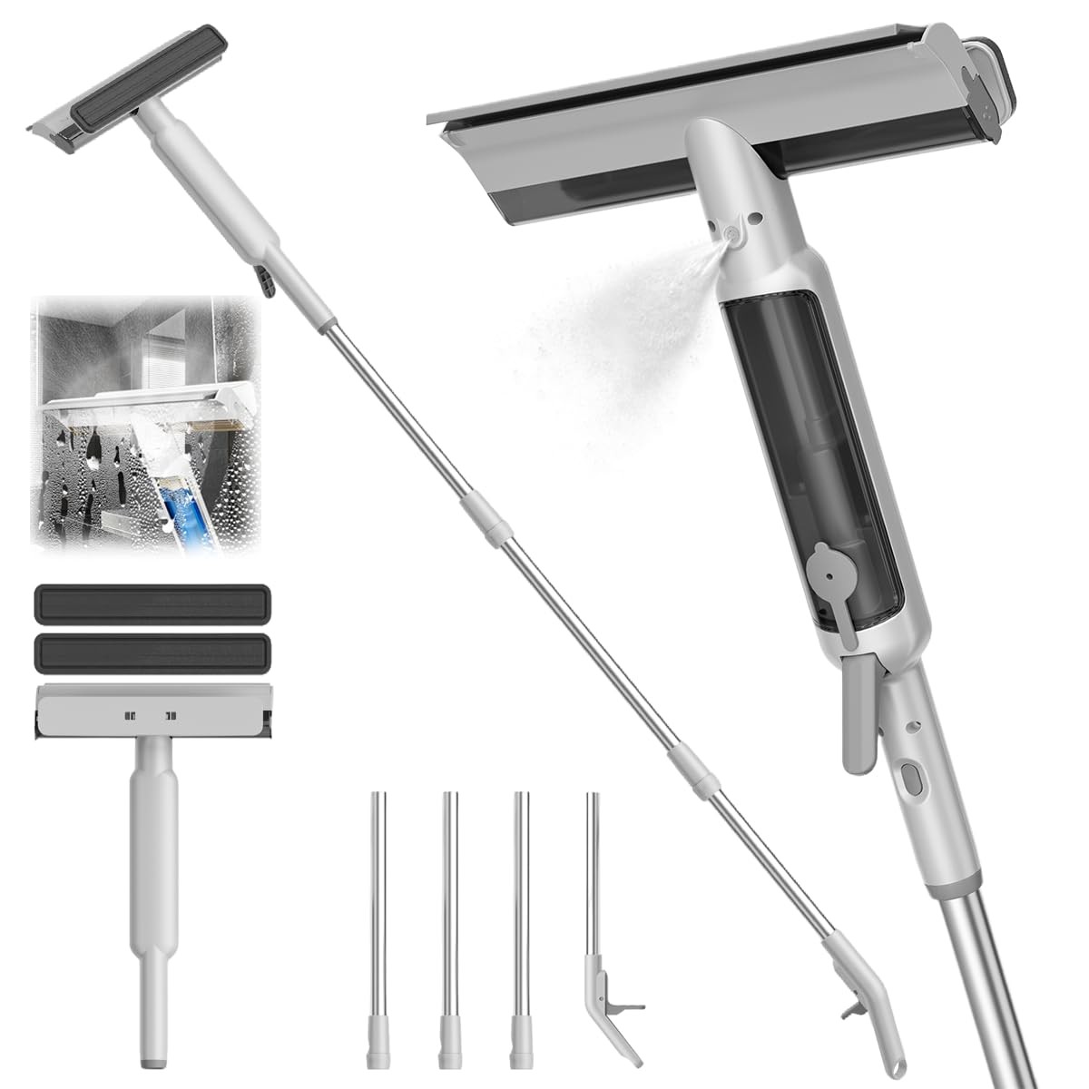 4 in 1 Window Squeegee with Water Tank,Window Cleaner Tool 72 inches, White
