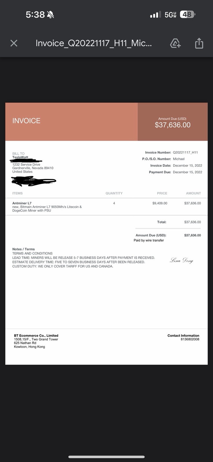 4 BITMAIN Antminer L7 9050. Hooked up since 2022