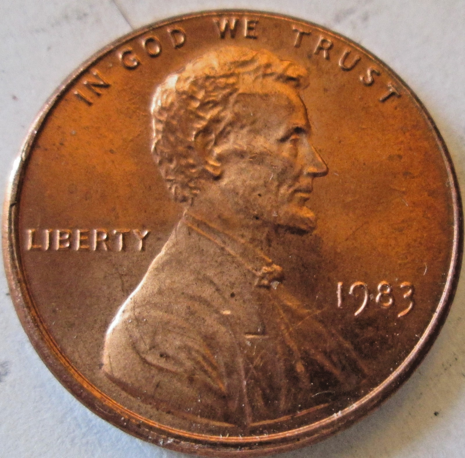 1983-P MEMORIAL CENT, REVERSE DIE CRACK ERROR RIGHT RIM THRU STEPS MS-RED, CIRC.
