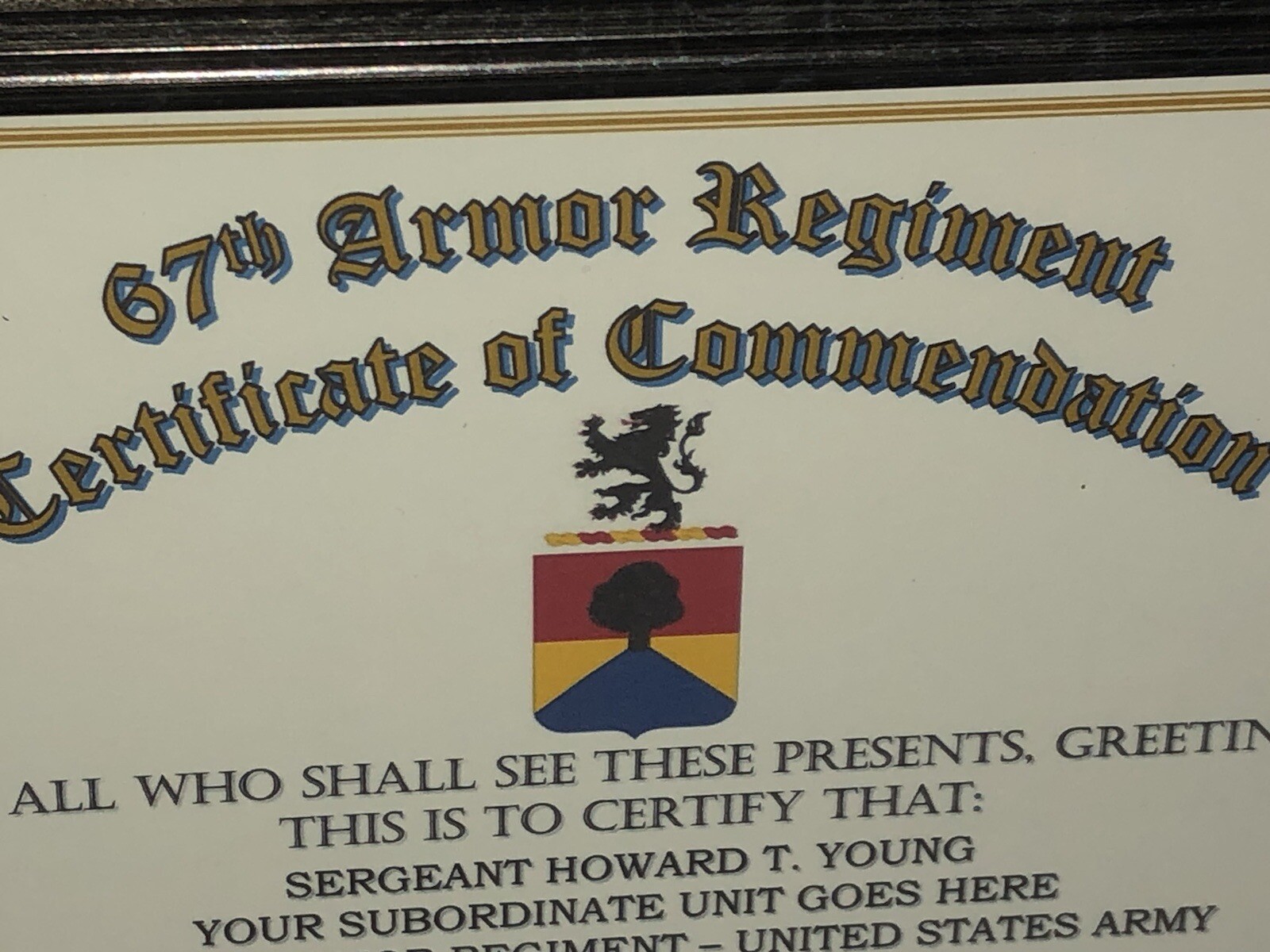 67TH ARMORED REGIMENT / COMMEMORATIVE - CERTIFICATE OF COMMENDATION
