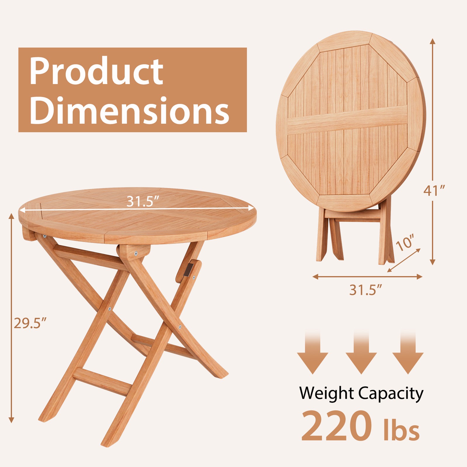 31.5-inch Round Outdoor Folding Table Patio Solid Teak Dining Table