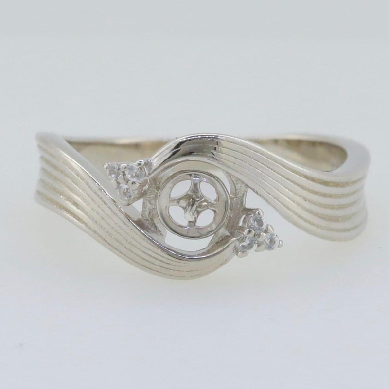 925 Sterling Silver 6mm Round Cut Semi Mount Ring Bypass Wave Grooved Band Ring