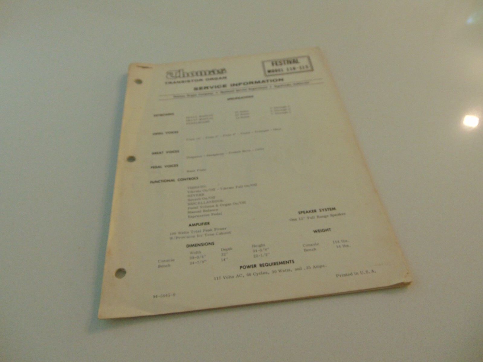 Thomas Organ 110 115 Festival Service Repair Shop Manual Schematics