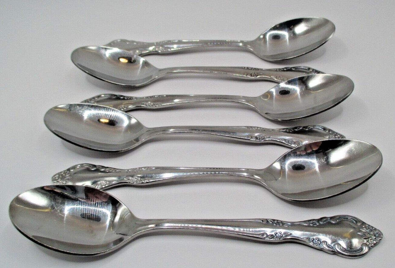 6 Vtg Teaspoons Esta Cascade Stainless Floral Pattern Indonesia - Good Condition