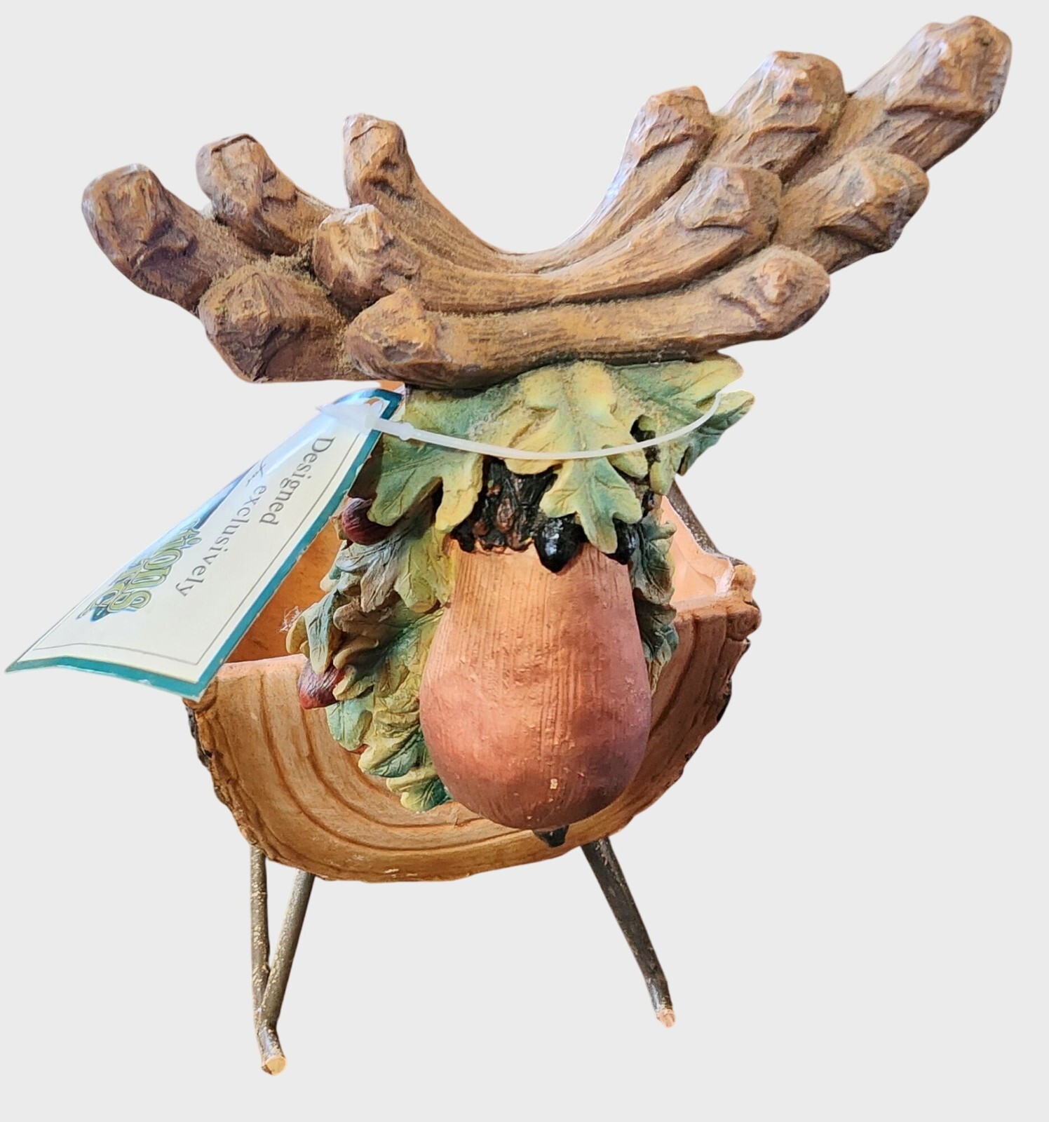 Rustic Moose Planter Sleigh Resin & Metal Design w Leafs & Antlers 10 Inch Tall