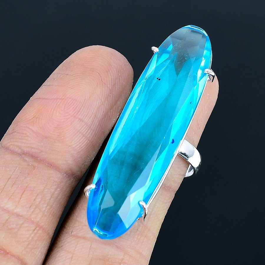 Swiss Blue Topaz 925 Silver Plated Large Ring of US Size 9