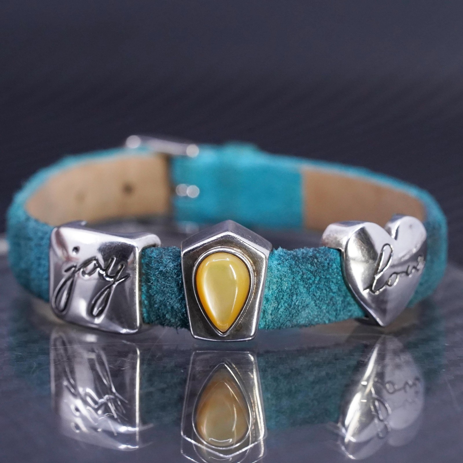 6.5", Mexican 925 Sterling 925 Silver Bangle Bracelet suede Leather charms