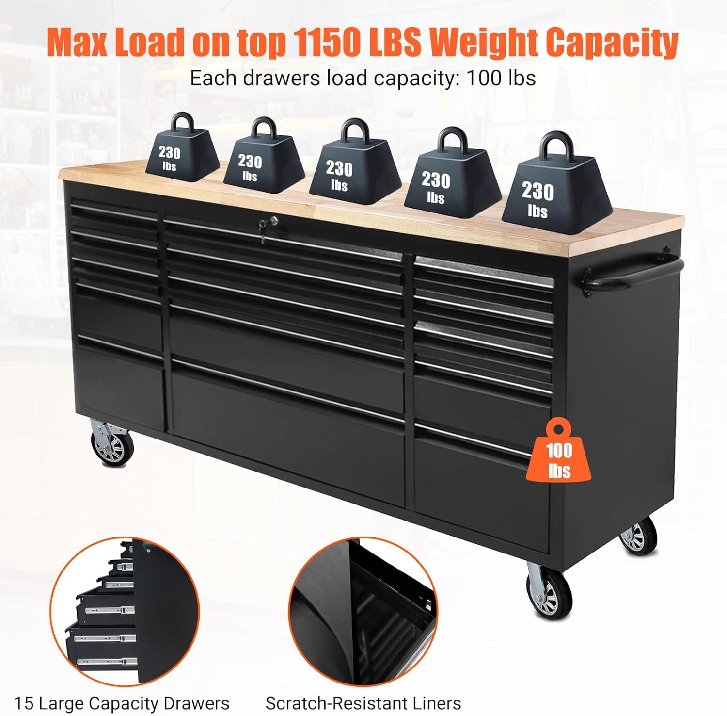 Rolling Tool Chest 72 Inch 15 Drawer Mobile Garage Workbench Solid Wood Top