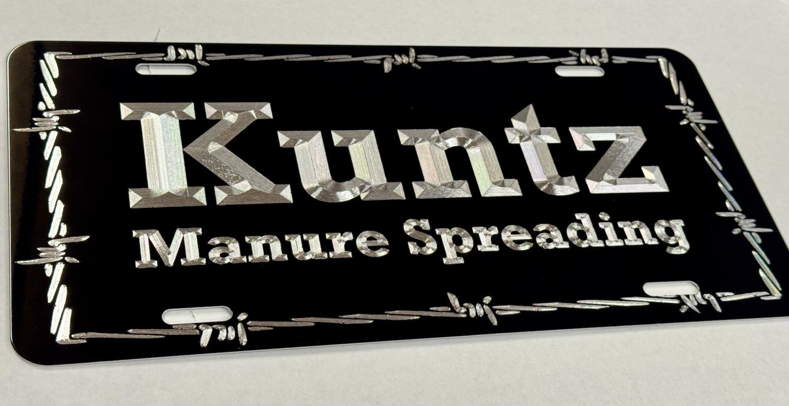 REFLECTIVE Custom Personalized Barbed Wire Car Tag Diamond Etched License Plate