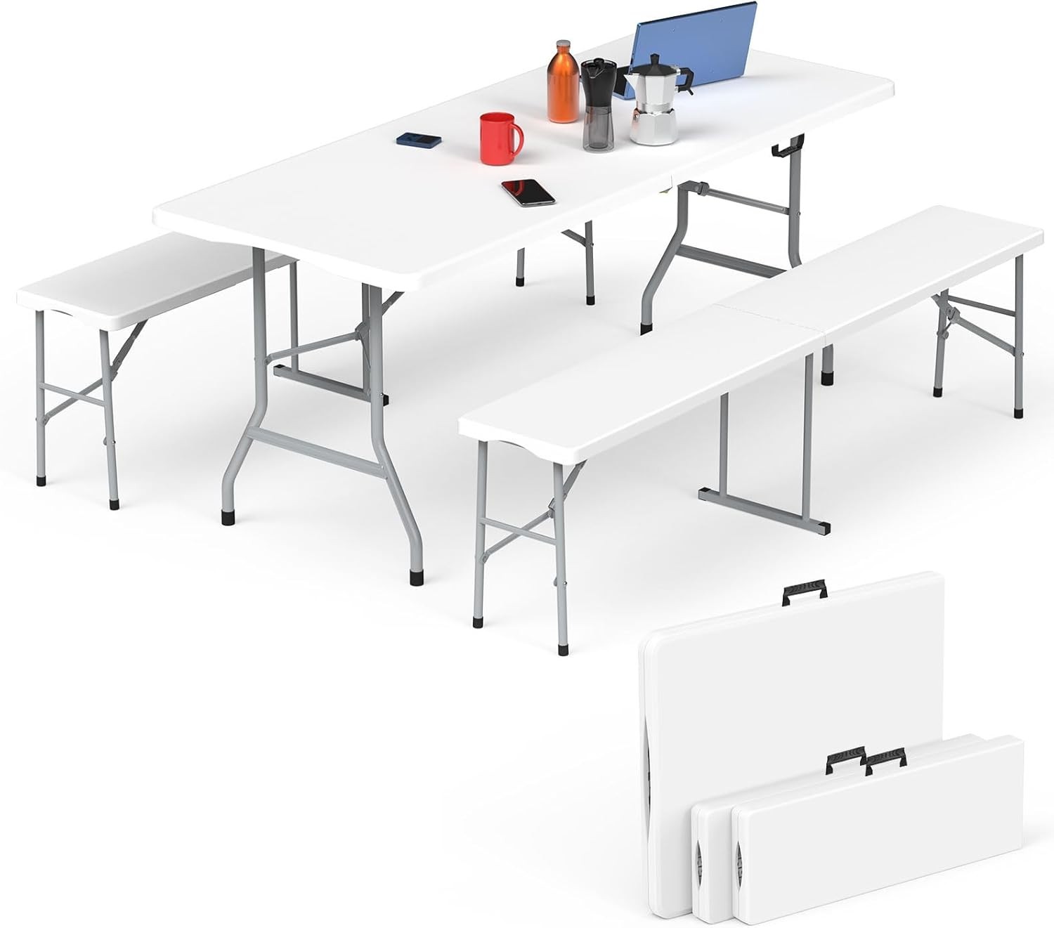 Folding Table Picnic Table Set, 6 ft Camping Table with 2 Benches, Outdoor Indoo