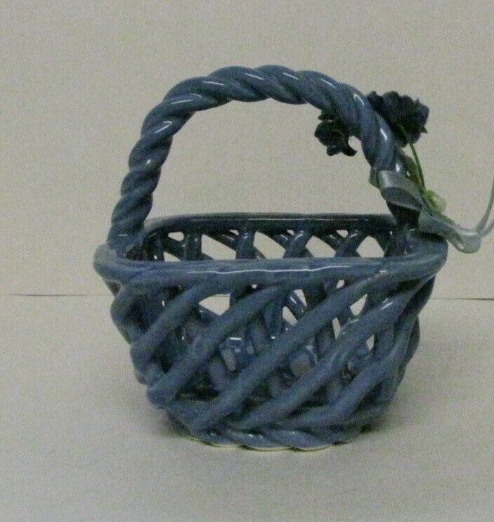 Open Weave Square Ceramic Basket With Twisted Handle Blue 4" Tall