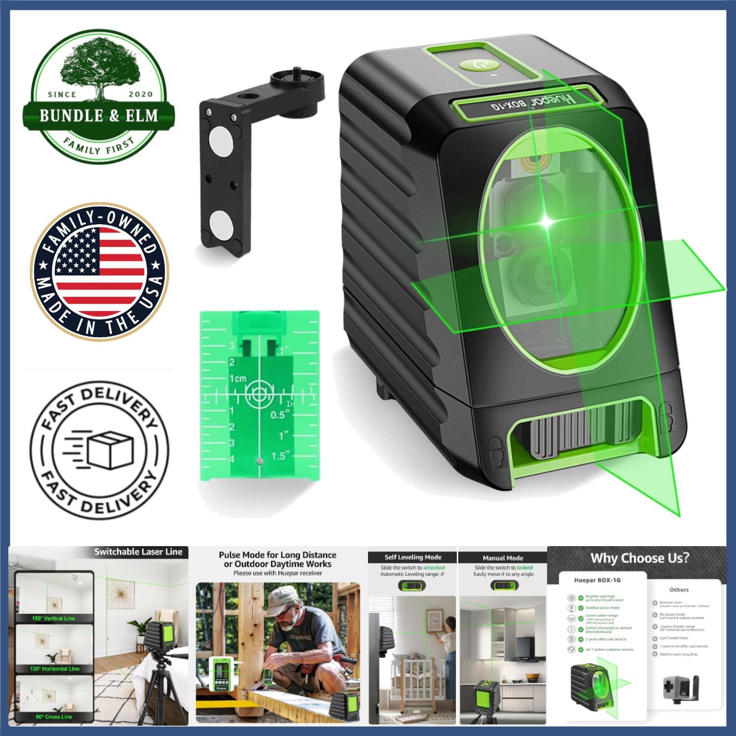 Compact Green Laser Level with Magnetic Pivoting Base and Carrying Case Included