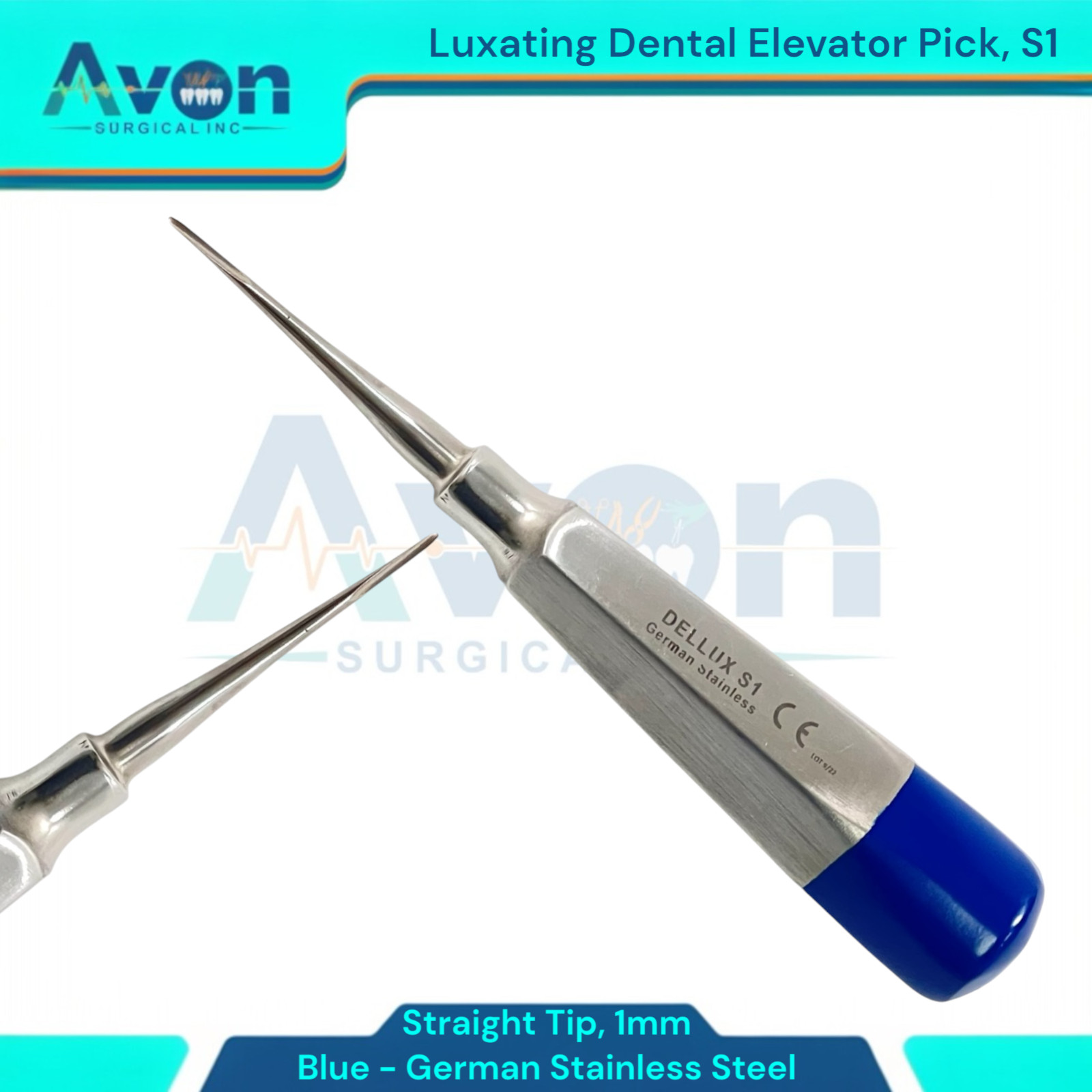 1 Each Dental Root Tip Pick Extraction Elevator, 1mm Straight Tip, Blue, #S1