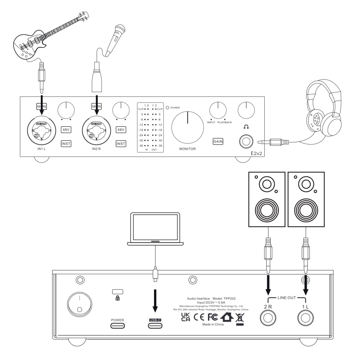 TOPPING E2X2 USB Audio Interface - High-Performance Mixer & Recording White