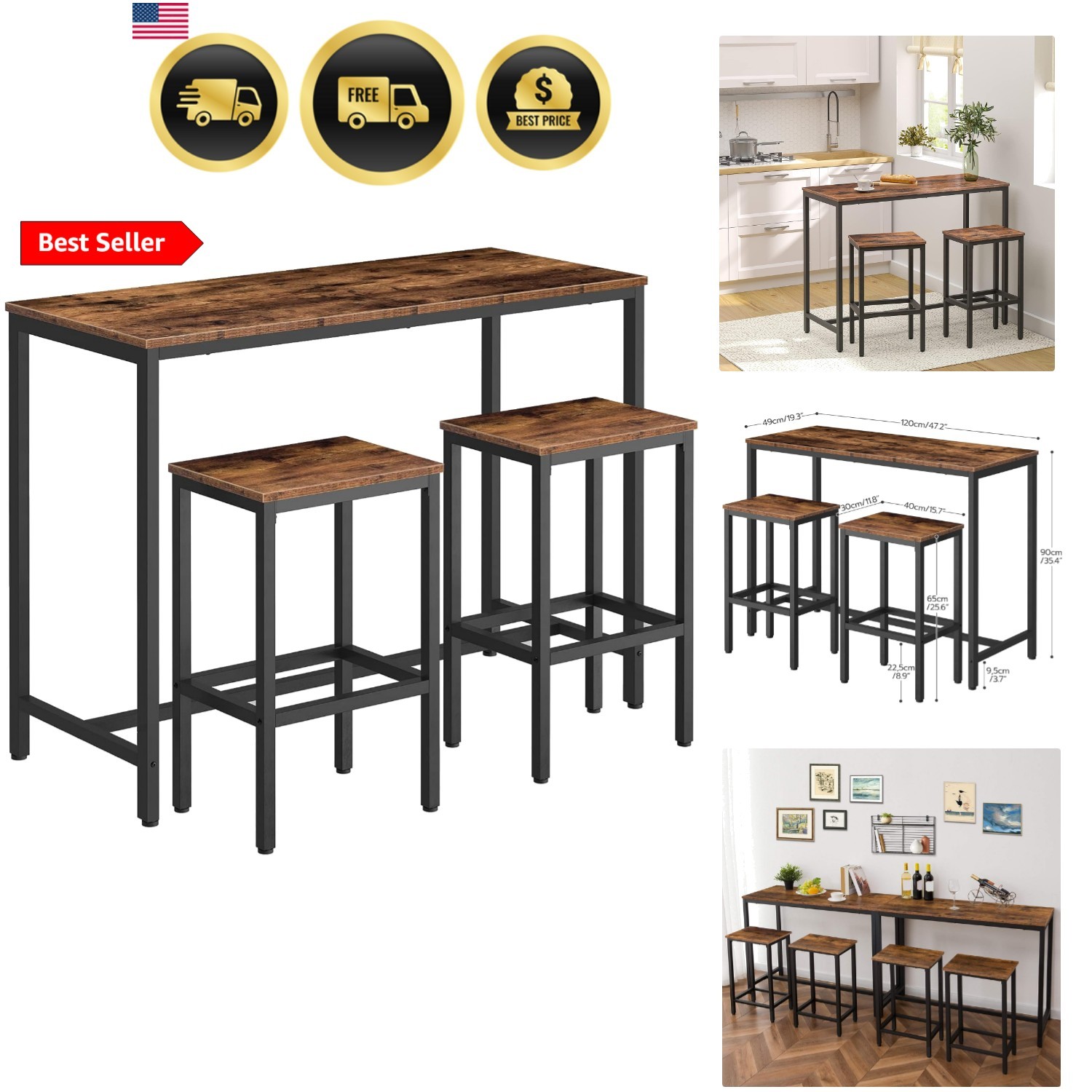 Bar Table and Chairs Set, 47.2” Rectangular Pub Table with 2 Stools for Small...