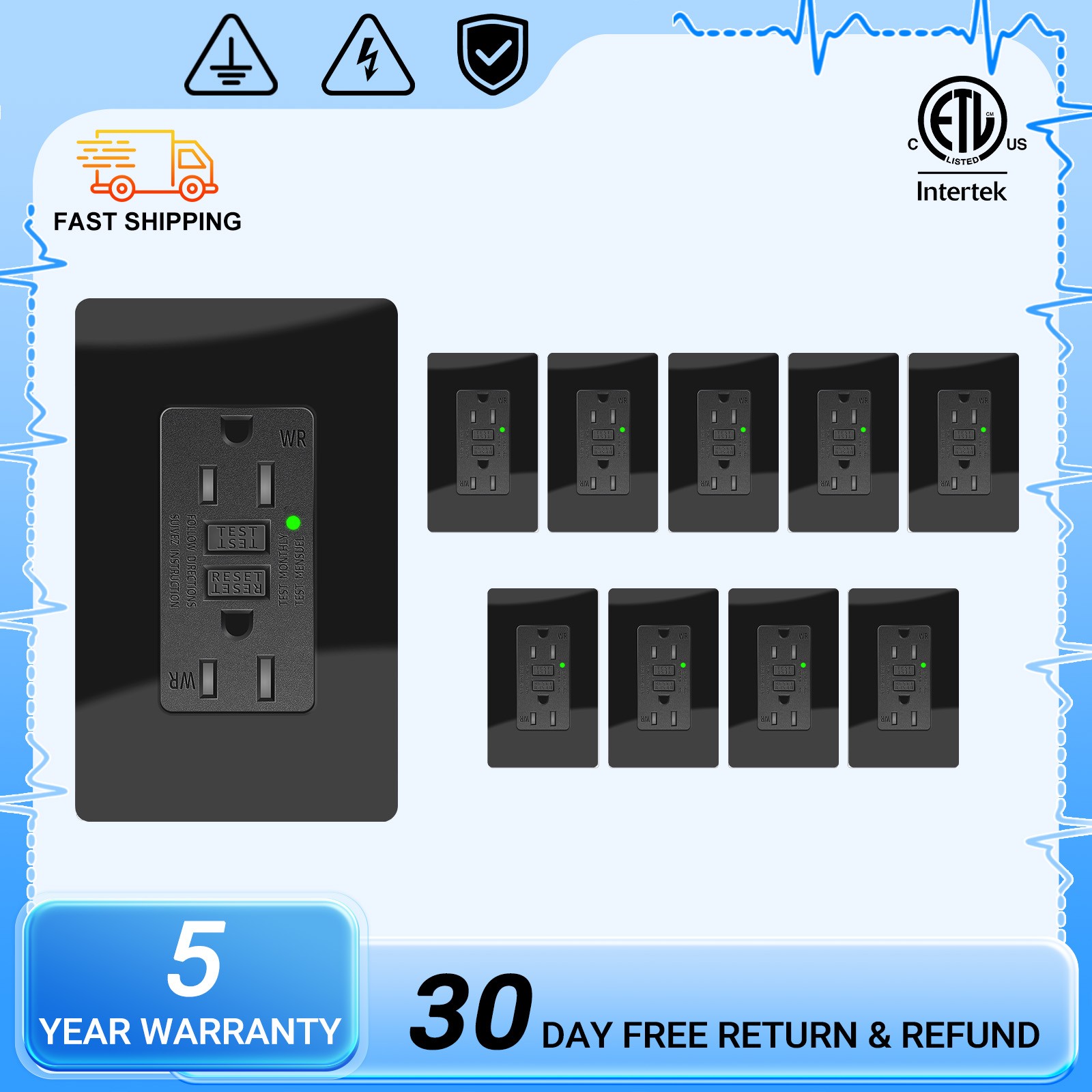 10PCS 15A GFCI Black Wall Outlet TR WR UL Compliant for Safe Residential Wiring