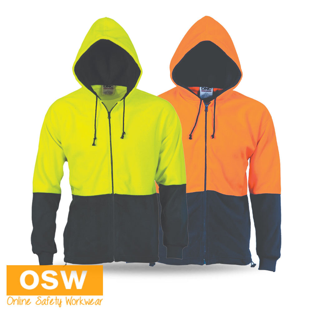 Hi Vis Two Tone Full Zip Anti-Pill Polar Fleece Jacket Hoodie Workwear 3927