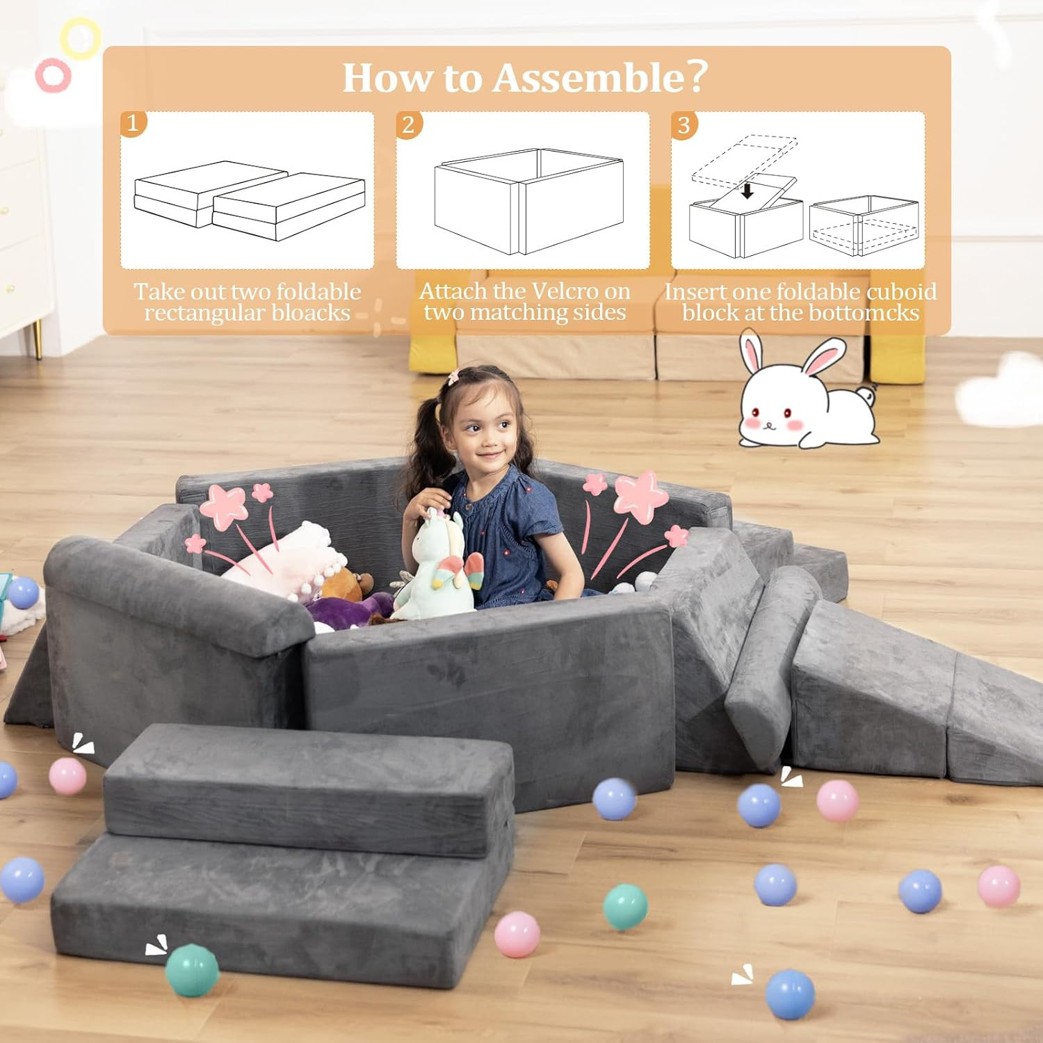 Modular Kids Couch with Ball Pit - Convertible Foam Play Sofa for Toddlers