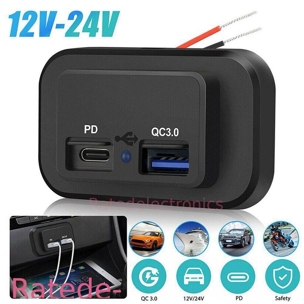 12-24V Power Outlet 4.8A Dual USB PD QC3.0 Car Boat RV Fast Charger Socket LED