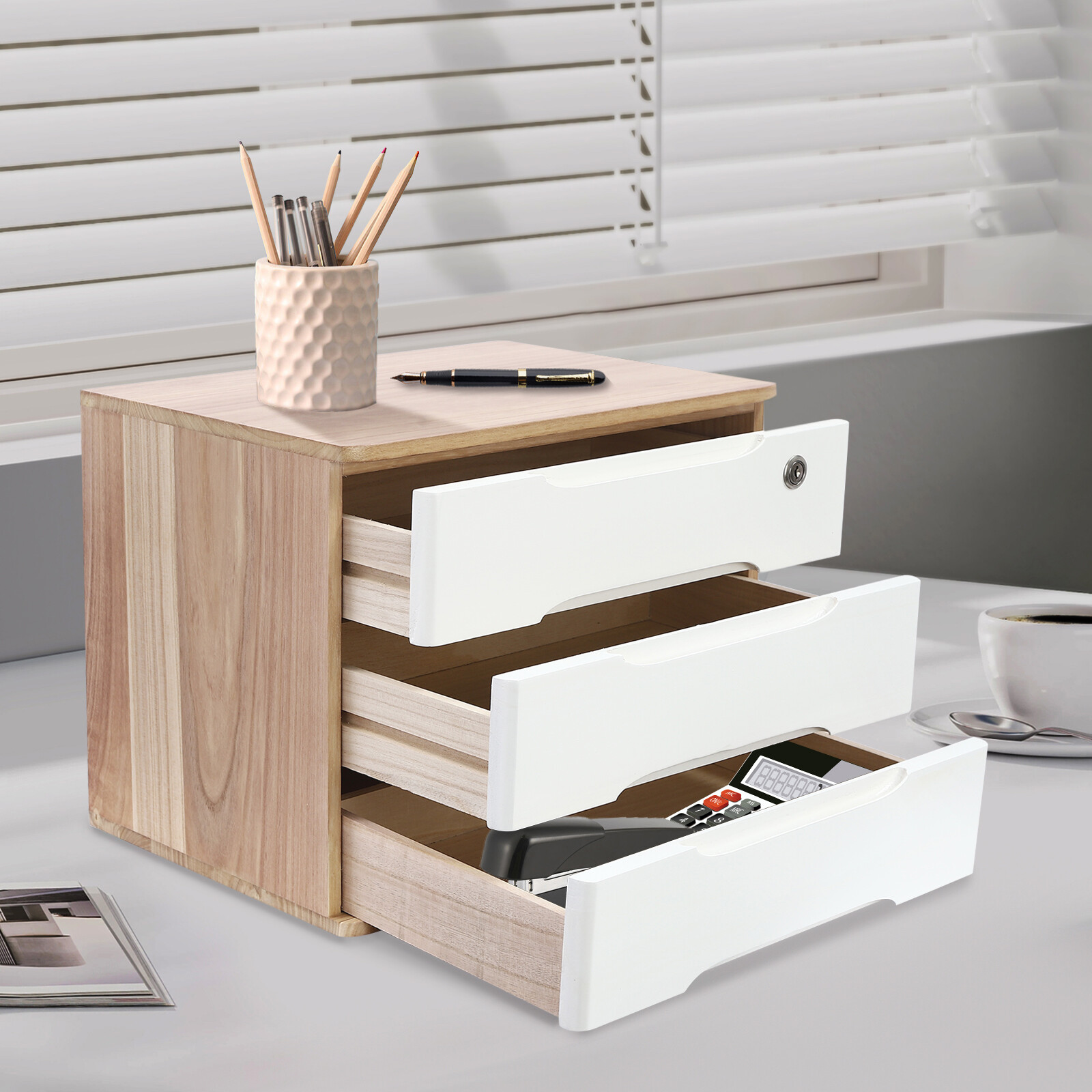 Desktop Storage Box  3 Tiers Desk Organizer, Desktop Box with Lockable DrawersUS