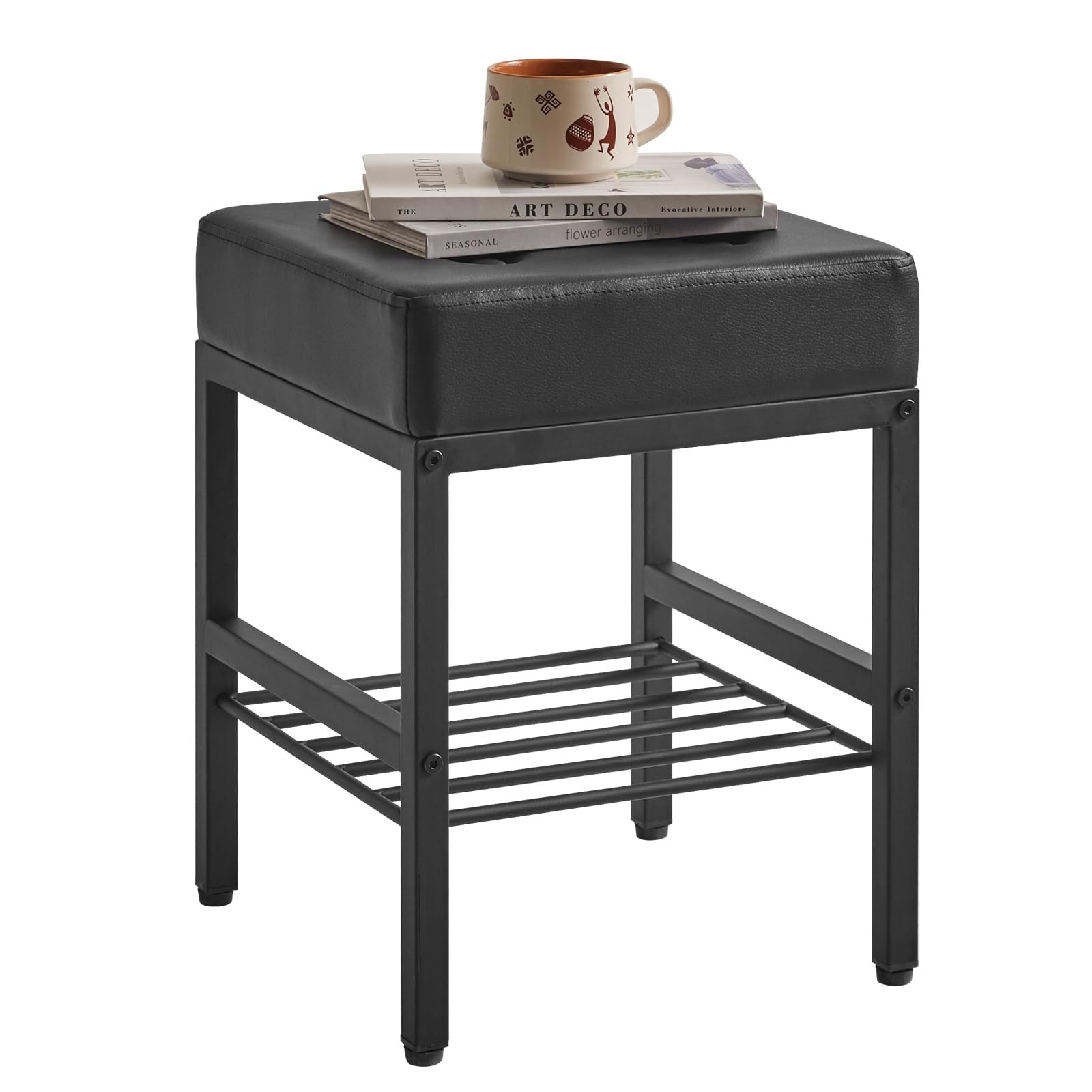 Square Makeup Stool Adjustable Feet Storage Space Footrest Chair PU Vanity