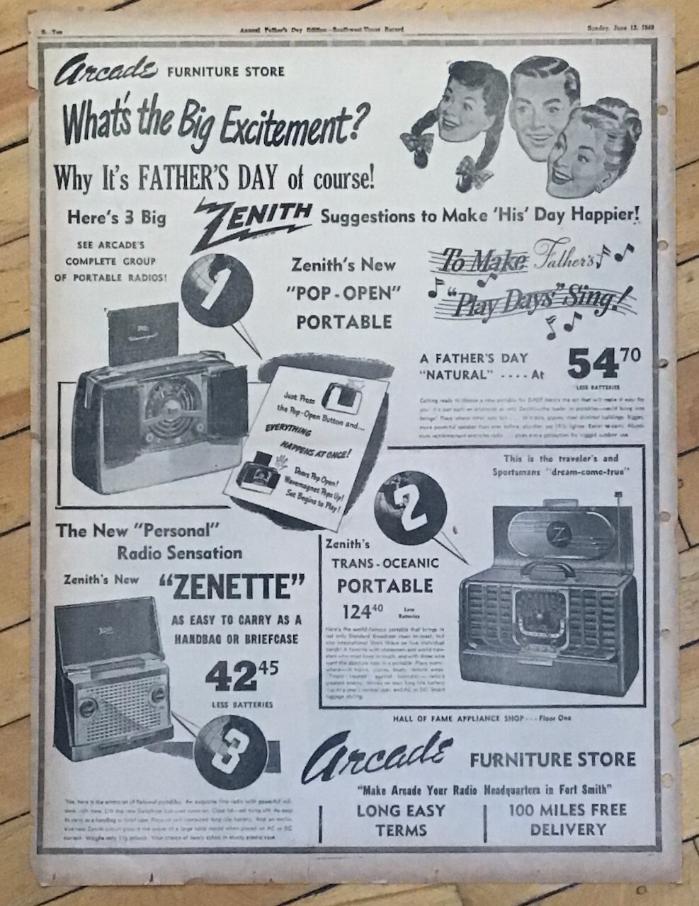 1949 full page newspaper ad for Zenith portable radios -Pop-Open, Zenette & more