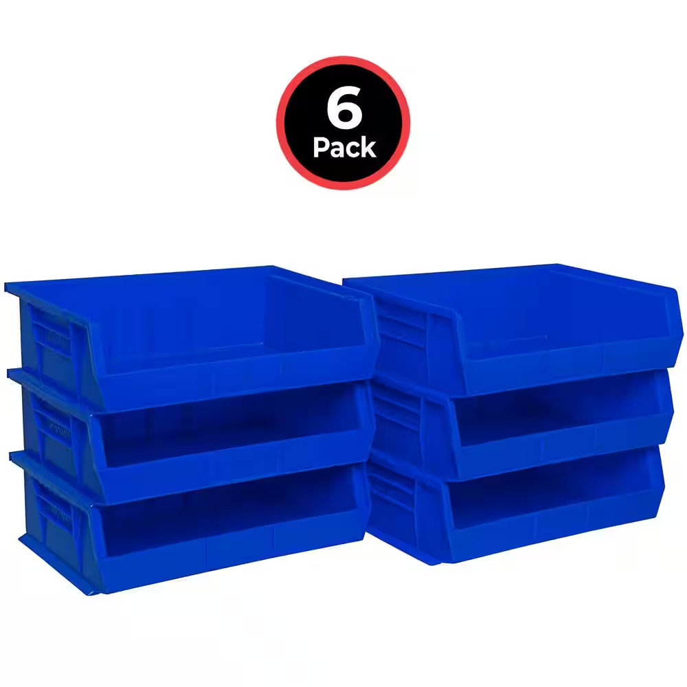 Plastic Stackable Storage Bins, 10-7/8 In. X 16-1/2 In. X 5 In, Blue, 6-Pack