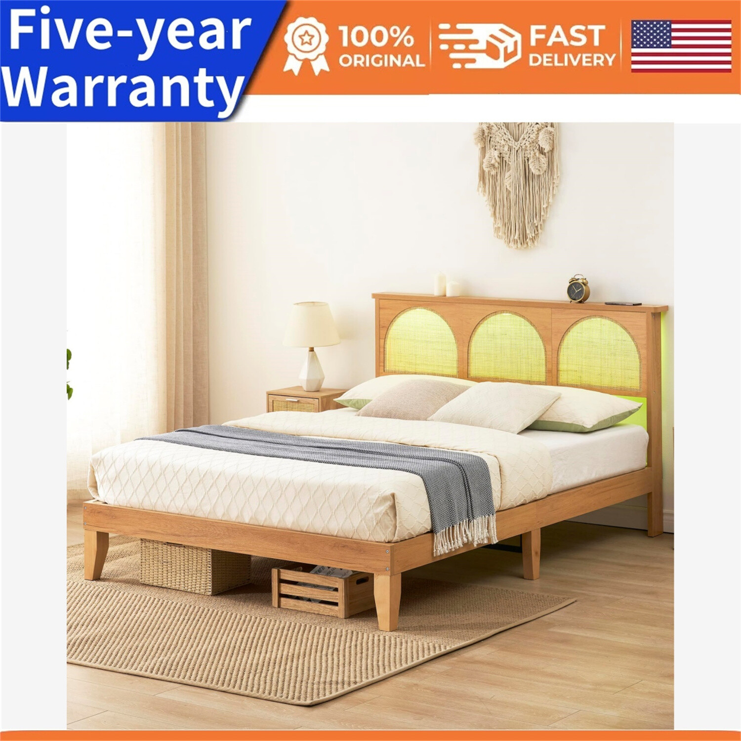 Full Bed Frame with Headboard and Natural Rattan with LED Lights and Headboard
