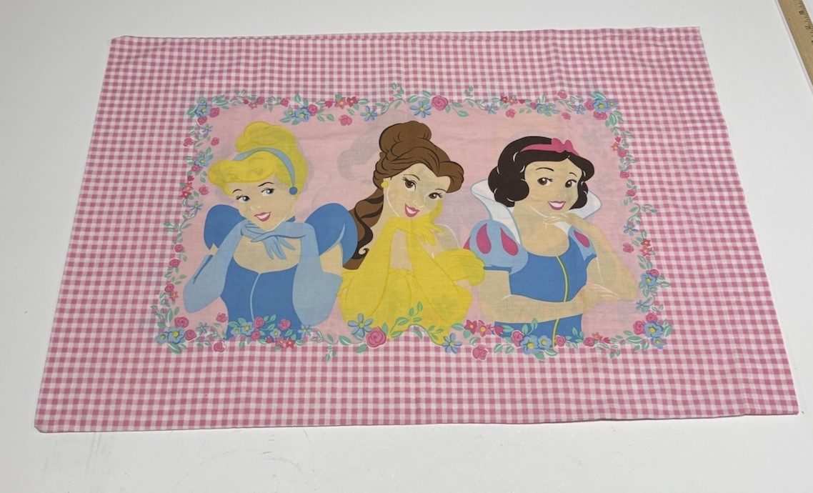 Disney Princesses Pillowcase- Snow White, Cinderella, Belle White Pink Gingham