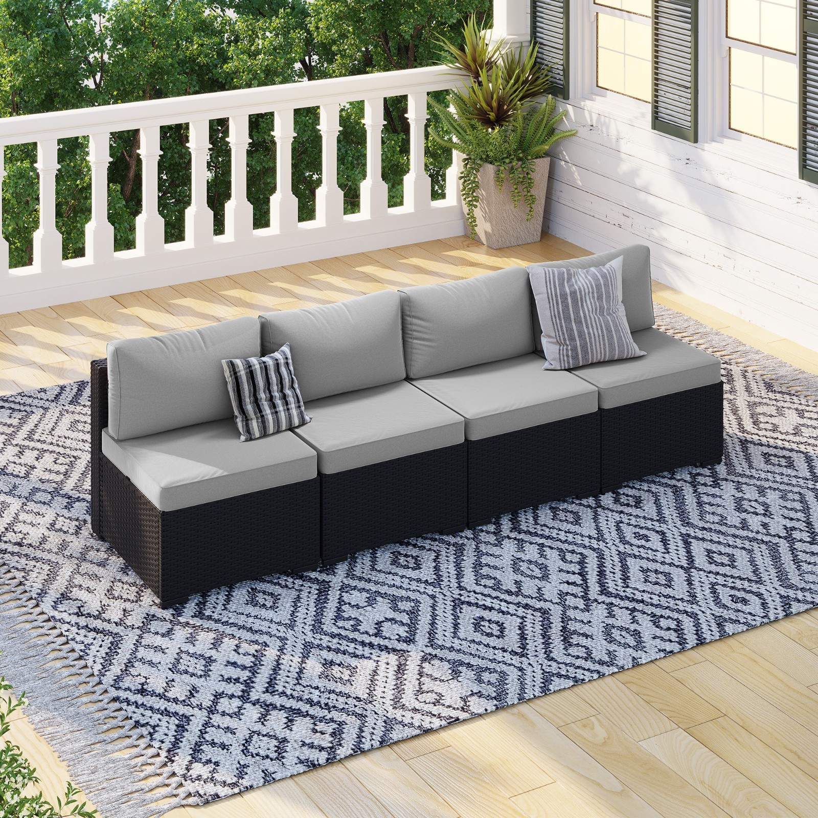 4-Piece Black Rattan Sofa Set with Light Gray Cushions