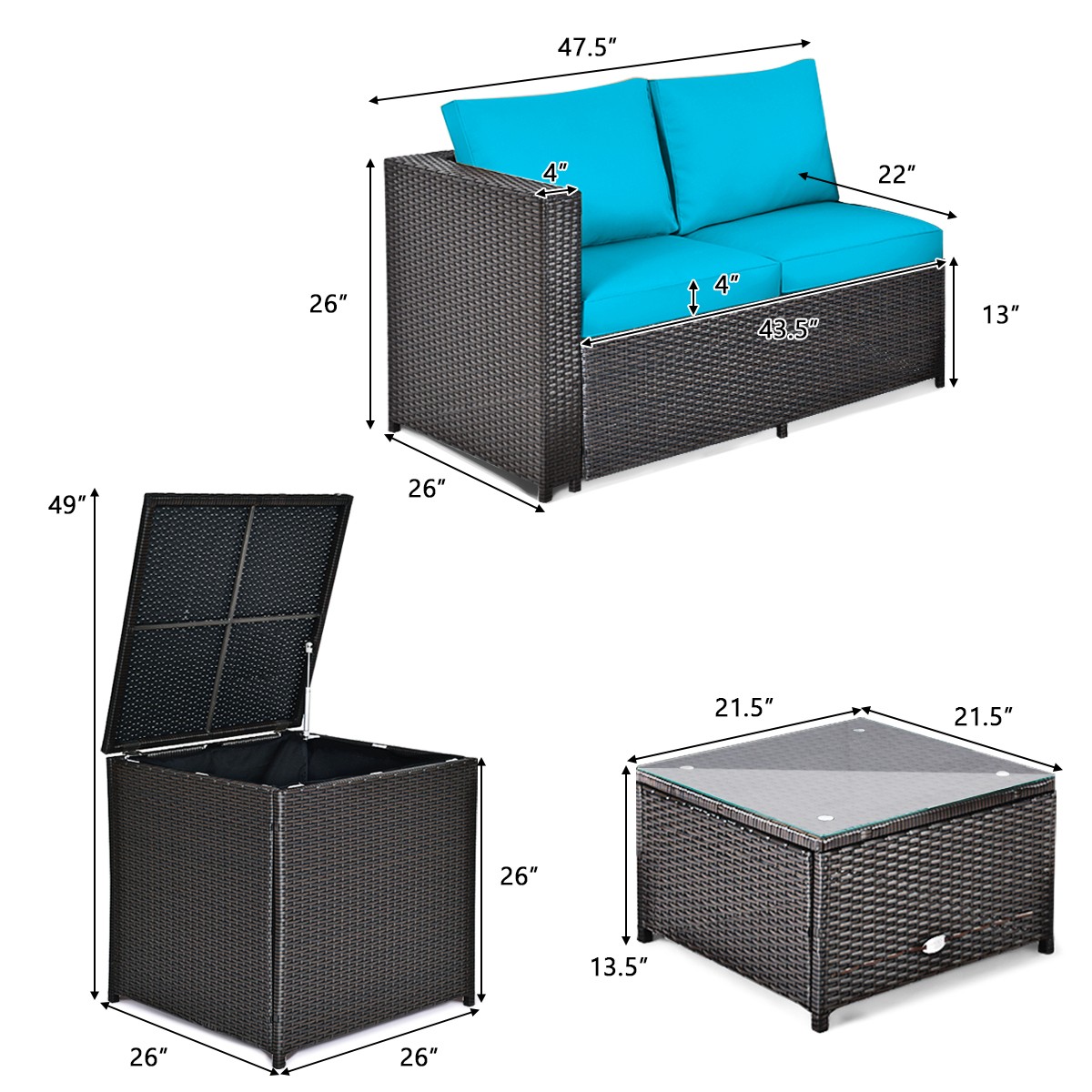 8PCS Outdoor Patio Rattan Furniture Set Cushion Loveseat Storage Table Turquoise