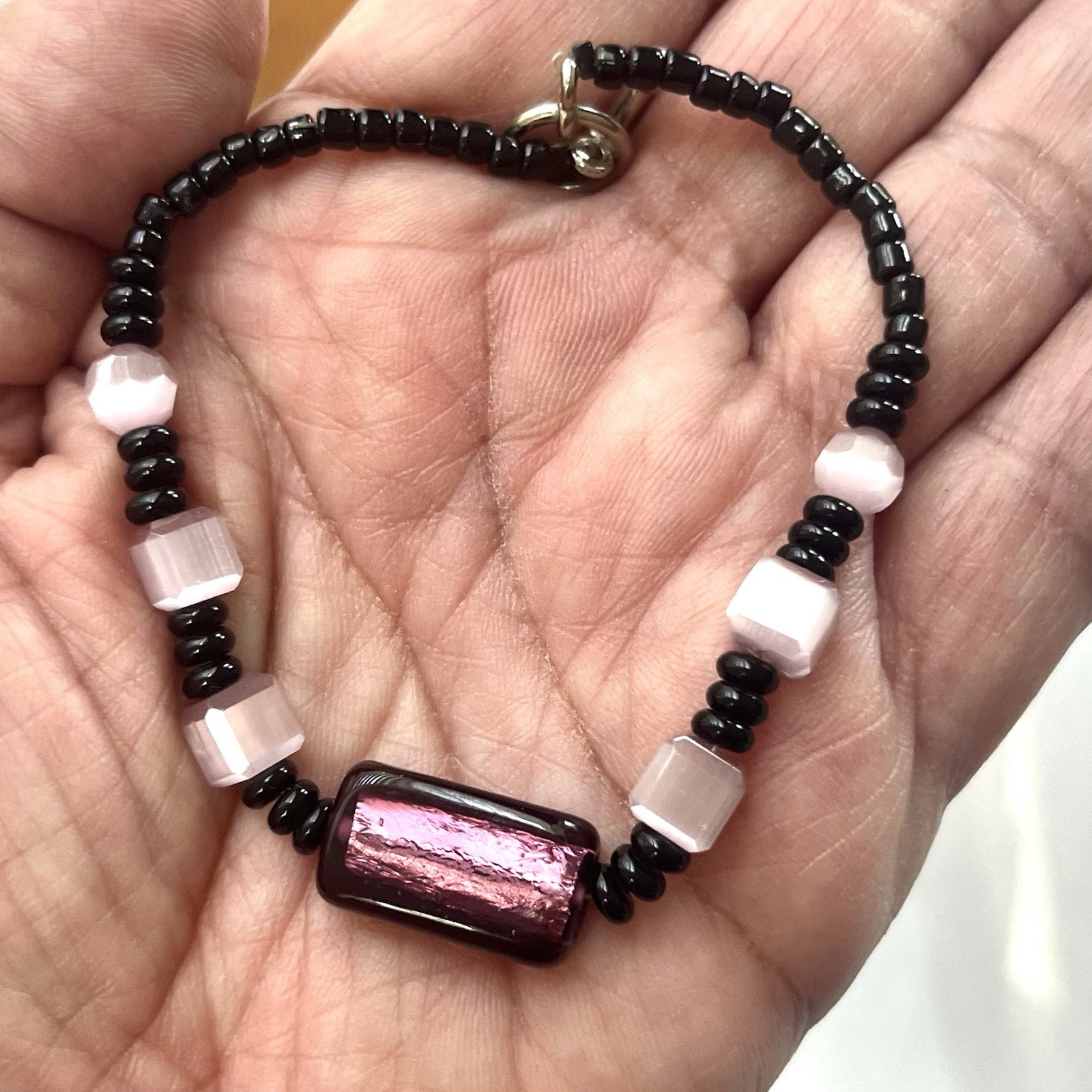 Art Glass Bead Bracelet Toggle Clasp Black & Purple Foil Bead Focal 7.5"