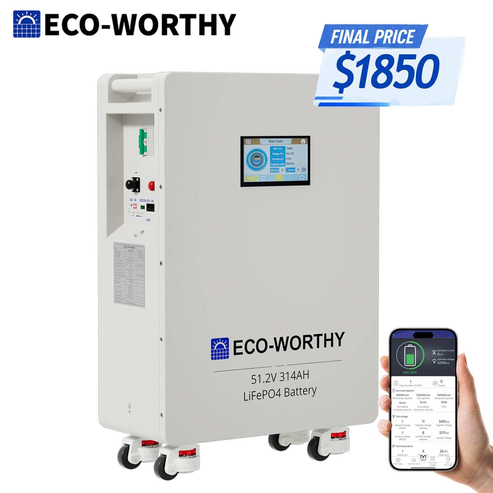 ECO-WORTHY 16.07kWh 48V 314AH LiFePO4 Battery Vertical Standing Solar Backup UPS