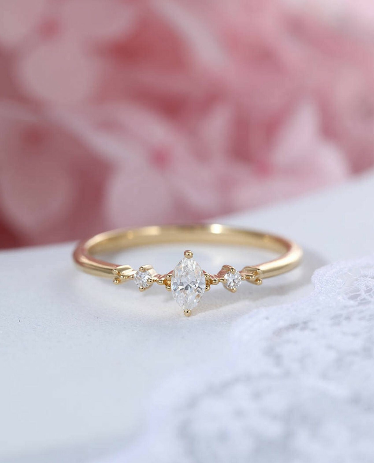 Minimalist Trilogy Ring 0.5ct Marquise Simulated Diamond Yellow Gold Plated