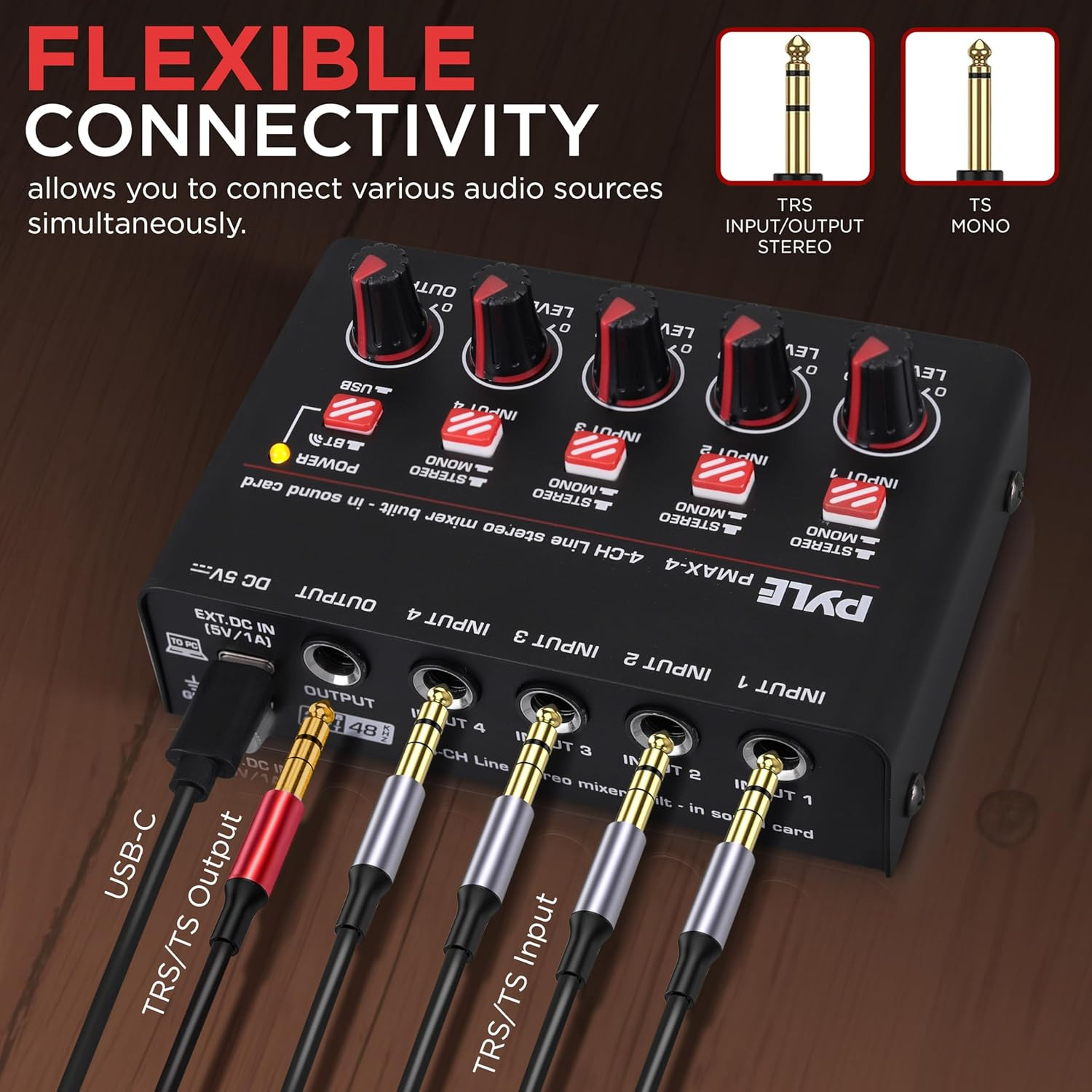 4-Channel Wireless Bluetooth 5.0 Line Mixer - USB Audio Interface - 4 Mono/Stere