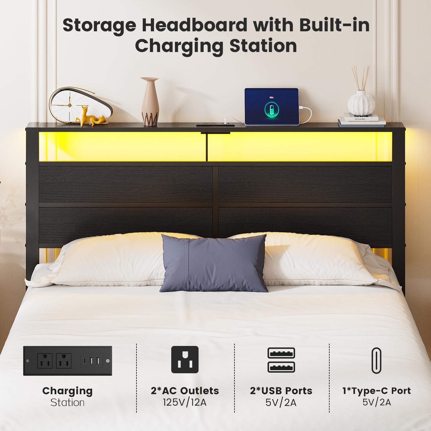 Queen Size Bed Frame with LED Lights, USB Type C Charging Headboard, Black Me...