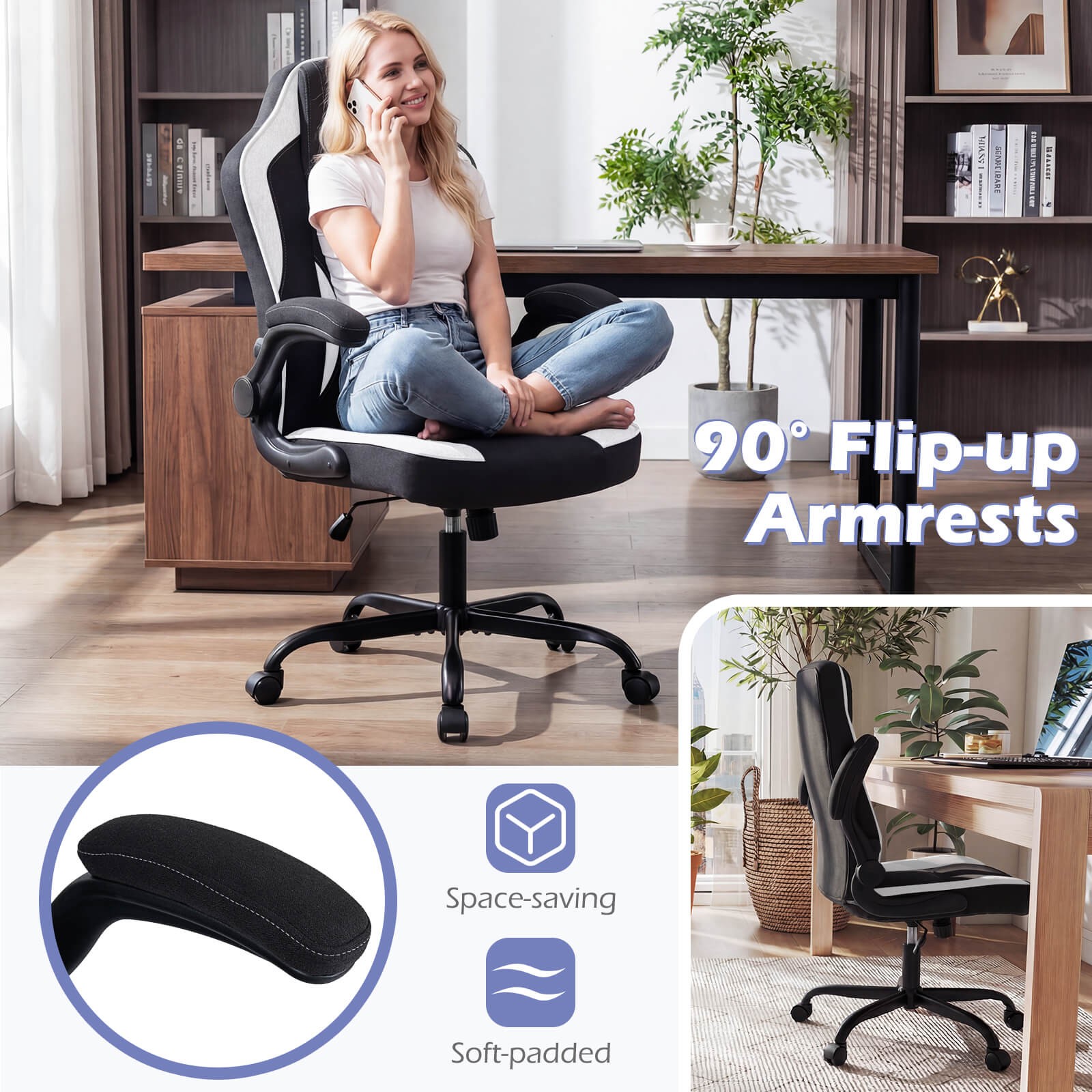 Office Chair w/90° Flip-up Armrests, Adjustable Height & Rocking Function,Wheels