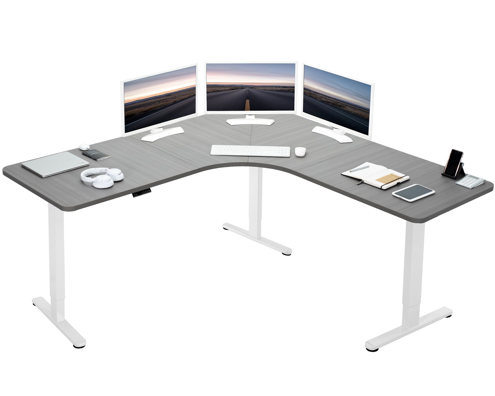 VIVO Dark Gray / White Electric 71" x 71" Curved Corner Stand Up Desk