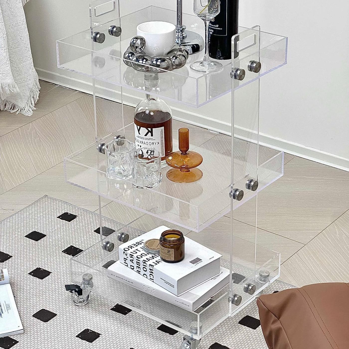 Clear Acrylic Side Table W/ Wheels 3 Tier Acrylic End Table Side Table Rolling