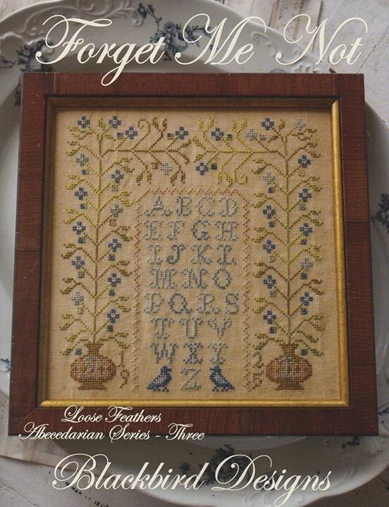 Forget Me Not Cross Stitch Pattern Sampler Primitive ABC Bluebird Garden