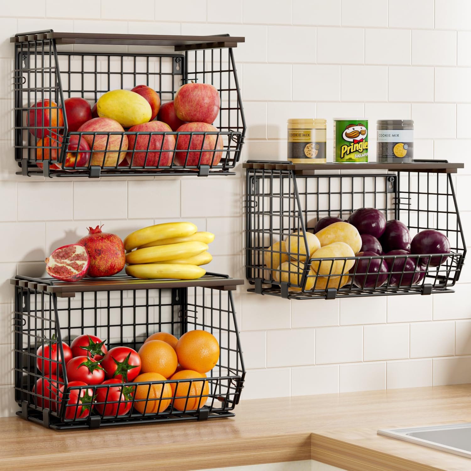 Hanging Fruit Basket for Kitchen, 3 Pack Vegetable Produce Basket | Wall Mounted